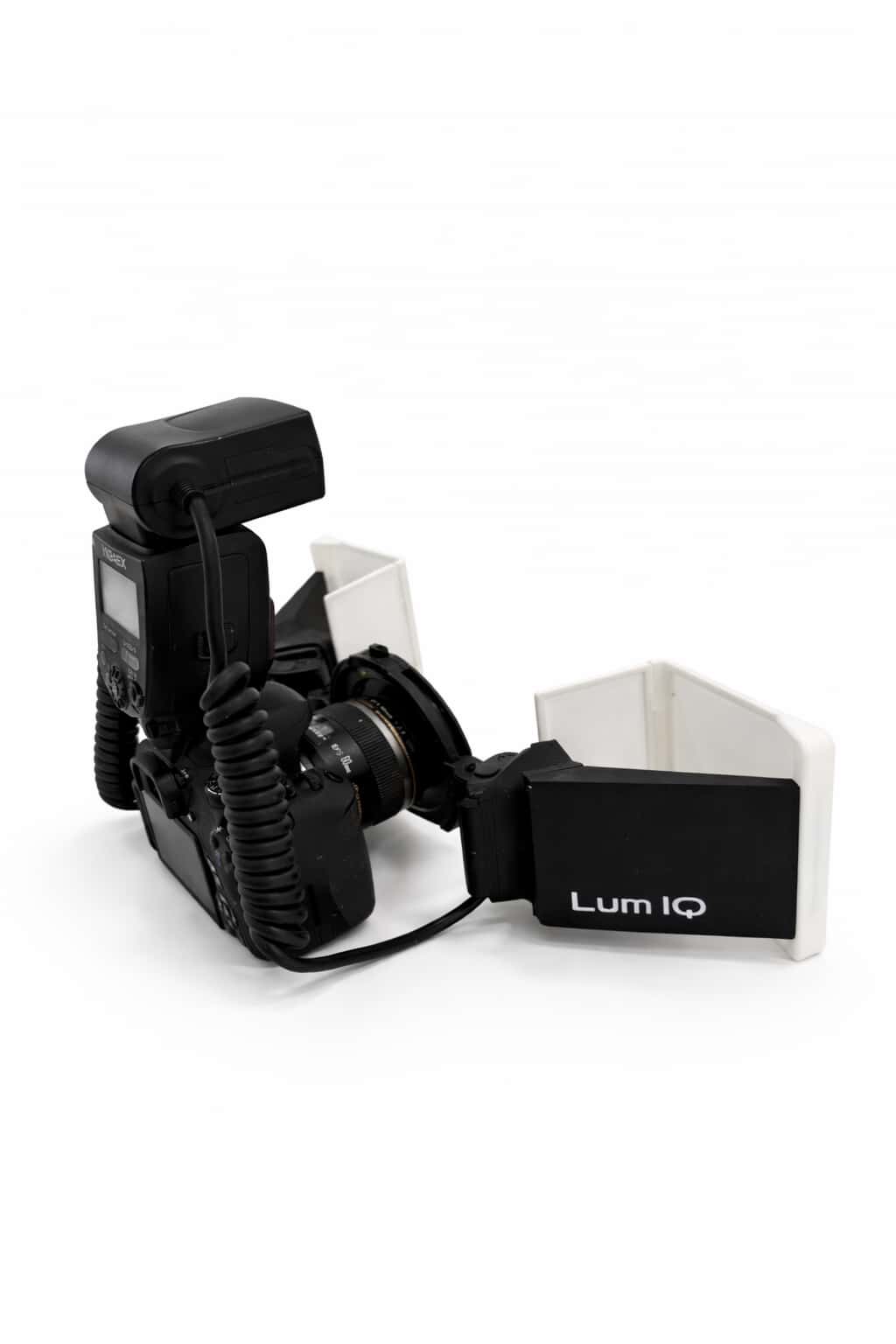 Camera flash and light modifier with 'Lum IQ' branding on a white background