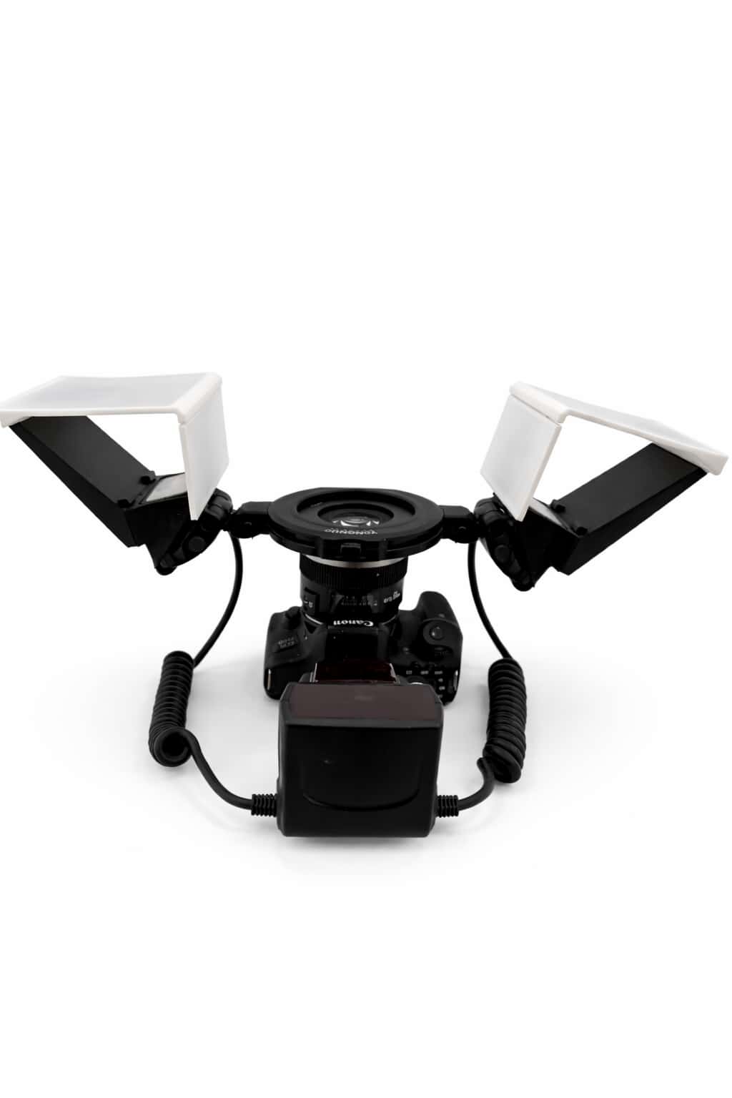Black and white dual-lens camera setup on a white background